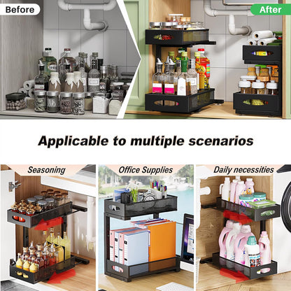 CARLA HOME 2 Pack Under Sink Organizer Pull Out Sliding Cabinet Storage Shelf with Height Adjustable for Kitchen, Bathroom or Laundry Room (Black)