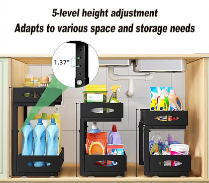 CARLA HOME 2 Pack Under Sink Organizer Pull Out Sliding Cabinet Storage Shelf with Height Adjustable for Kitchen, Bathroom or Laundry Room (Black)