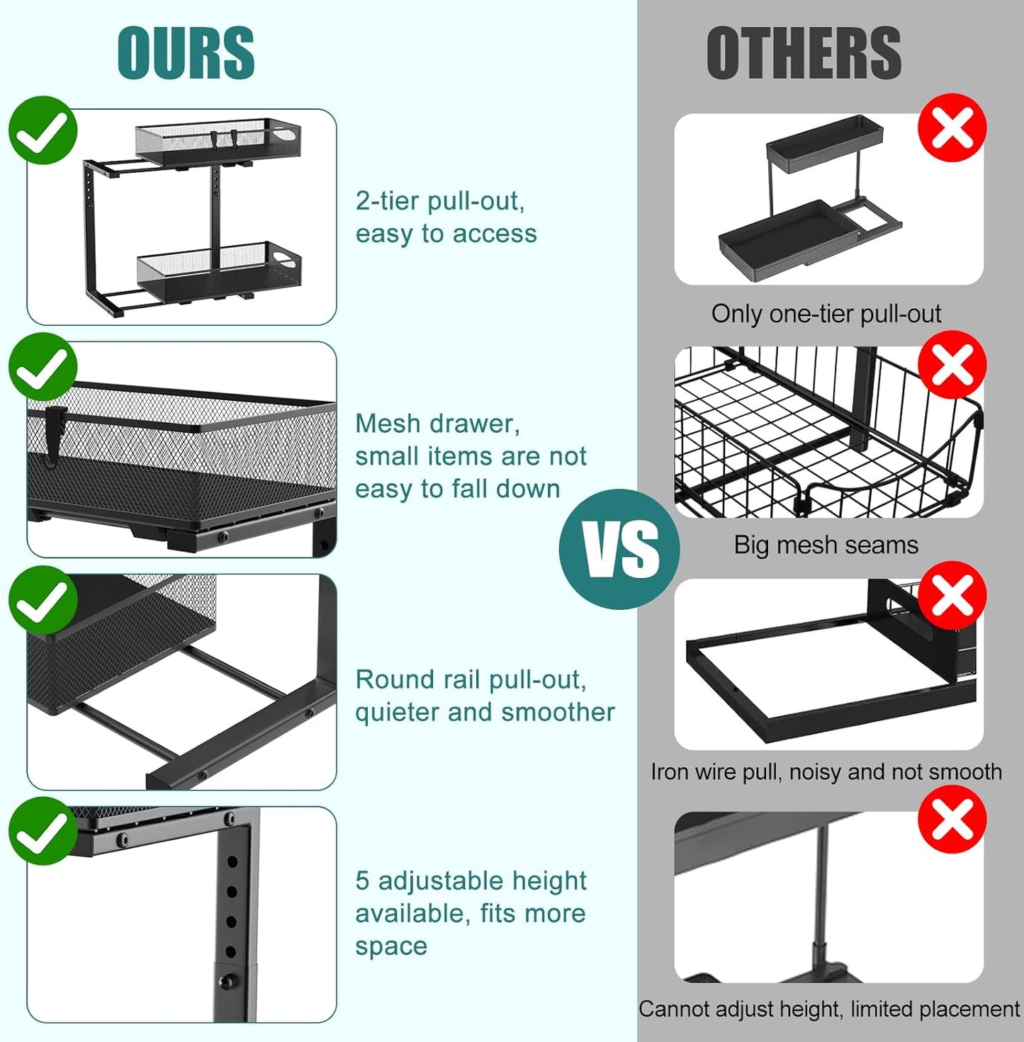 CARLA HOME 2 Pack Under Sink Organizer Pull Out Sliding Cabinet Storage Shelf with Height Adjustable for Kitchen, Bathroom or Laundry Room (Black)