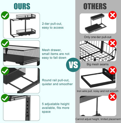 CARLA HOME 2 Pack Under Sink Organizer Pull Out Sliding Cabinet Storage Shelf with Height Adjustable for Kitchen, Bathroom or Laundry Room (Black)