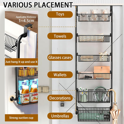 CARLA HOME 6-Tier Over the Door Organizer Heavy-Duty Metal Pantry Rack with Hanging Baskets for Home Kitchen Storage & Bathroom Door Organization (Black)