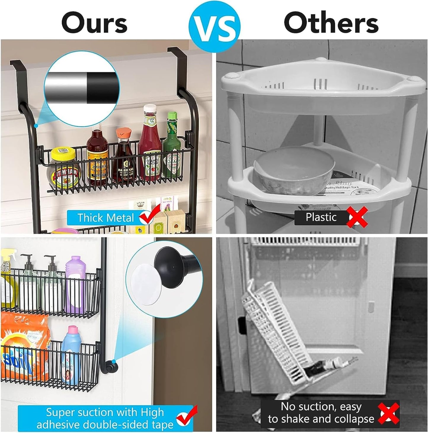 CARLA HOME 6-Tier Over the Door Organizer Heavy-Duty Metal Pantry Rack with Hanging Baskets for Home Kitchen Storage & Bathroom Door Organization (Black)