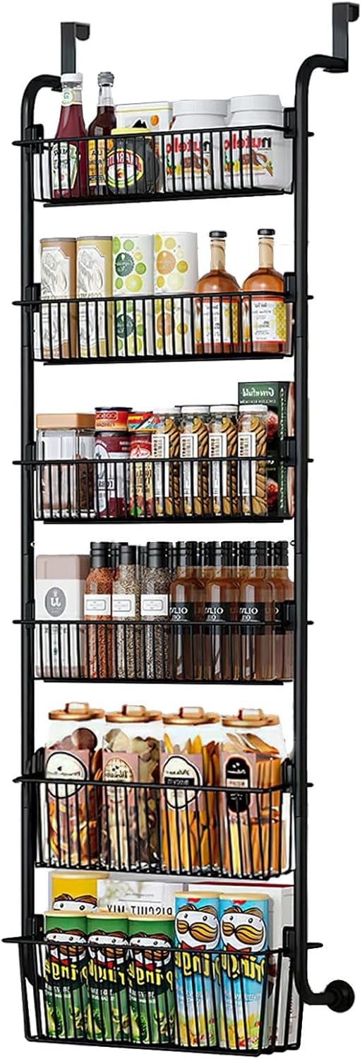 CARLA HOME 6-Tier Over the Door Organizer Heavy-Duty Metal Pantry Rack with Hanging Baskets for Home Kitchen Storage & Bathroom Door Organization (Black)