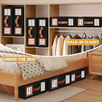 CARLA HOME Bed Sheet Organizer Set of 8 with Handle & Window for Covers, Pillowcases, Blankets, Clothes & Sheets (Black)