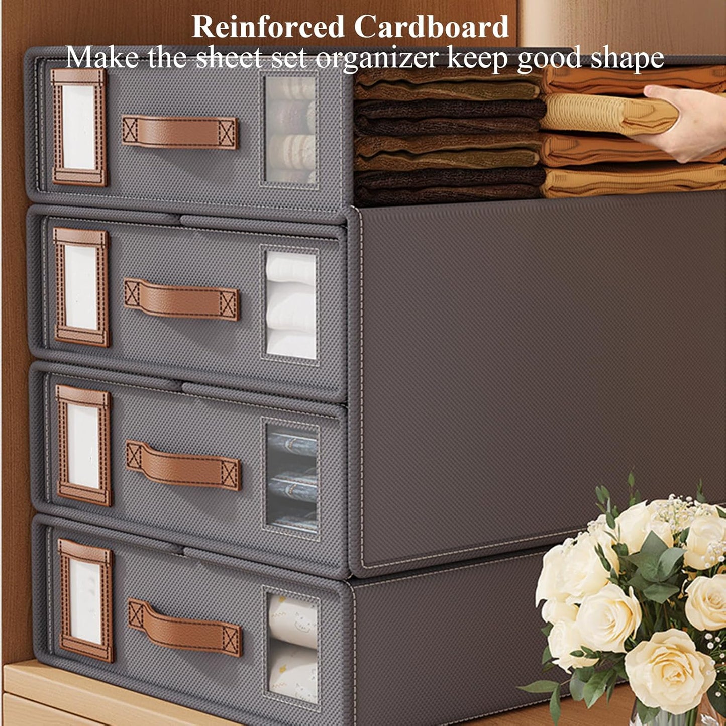 CARLA HOME Bed Sheet Organizer Set of 8 with Handle & Window for Covers, Pillowcases, Blankets, Clothes & Sheets (Black)