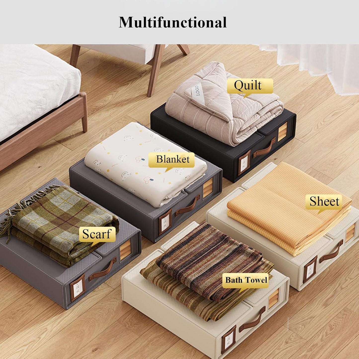 CARLA HOME Bed Sheet Organizer Set of 8 with Handle & Window for Covers, Pillowcases, Blankets, Clothes & Sheets (Beige)