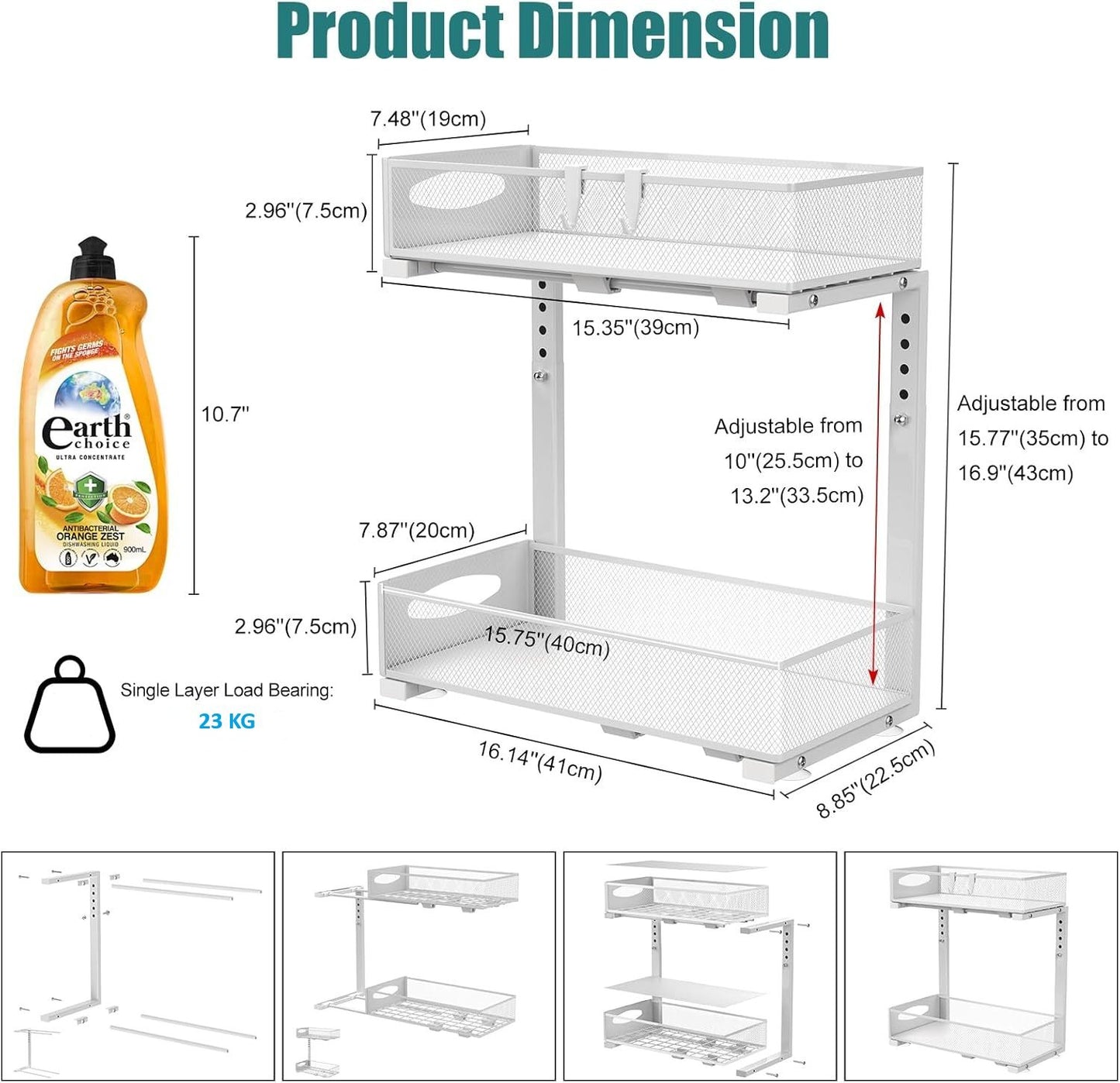 CARLA HOME 2 Tier Under Sink Organizer Pull Out Sliding Cabinet Storage Shelf with Height Adjustable for Kitchen, Bathroom or Laundry Room (White)