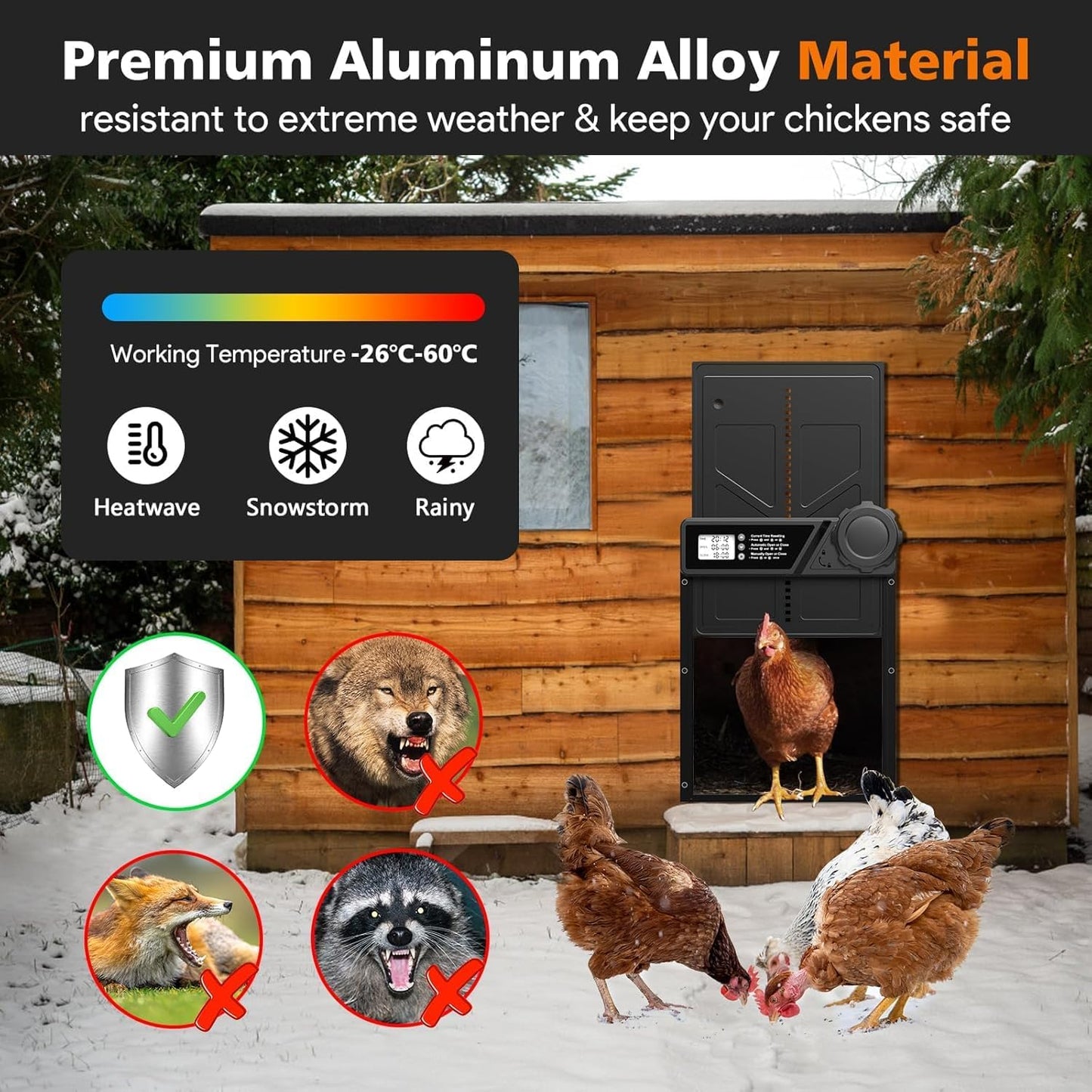 CARLA HOME Solar Automatic Chicken Coop Door with Timer, Light Sensor, Remote Control, Anti-Pinch, LED Screen & USB Charging