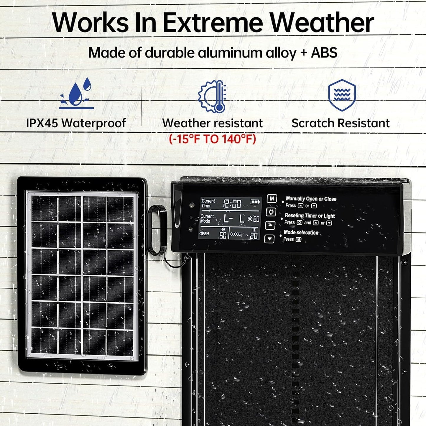 CARLA HOME Automatic Chicken Coop Door Solar Powered with 4 Mode Timer & Light Sensor, Anti-Pinch & USB Charging Port