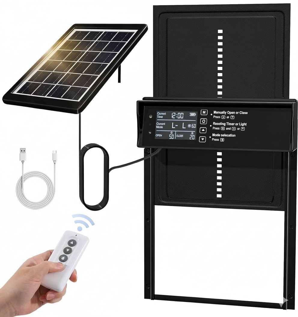CARLA HOME Automatic Chicken Coop Door Solar Powered with 4 Mode Timer & Light Sensor, Anti-Pinch & USB Charging Port