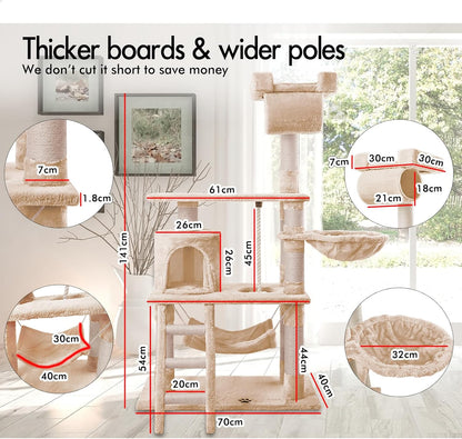 CARLA HOME 141cm Cat Tree Tower for Indoor Cats with Plush Perch, Ladder, Sisal Scratching Posts, Hammock & Condo for Kittens & Adult Cats (Beige)