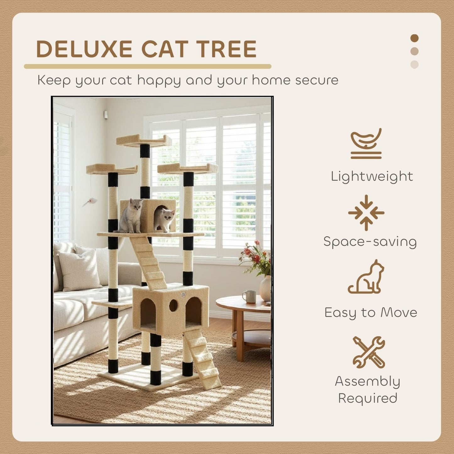 CARLA HOME 180cm Cat Tree Tower for Indoor Cats with Dual Condos, Plush Perches, Sisal Scratching Posts & Ramps for Kittens & Adult Cats (Beige)