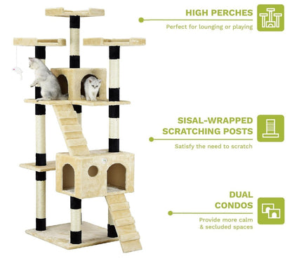 CARLA HOME 180cm Cat Tree Tower for Indoor Cats with Dual Condos, Plush Perches, Sisal Scratching Posts & Ramps for Kittens & Adult Cats (Beige)
