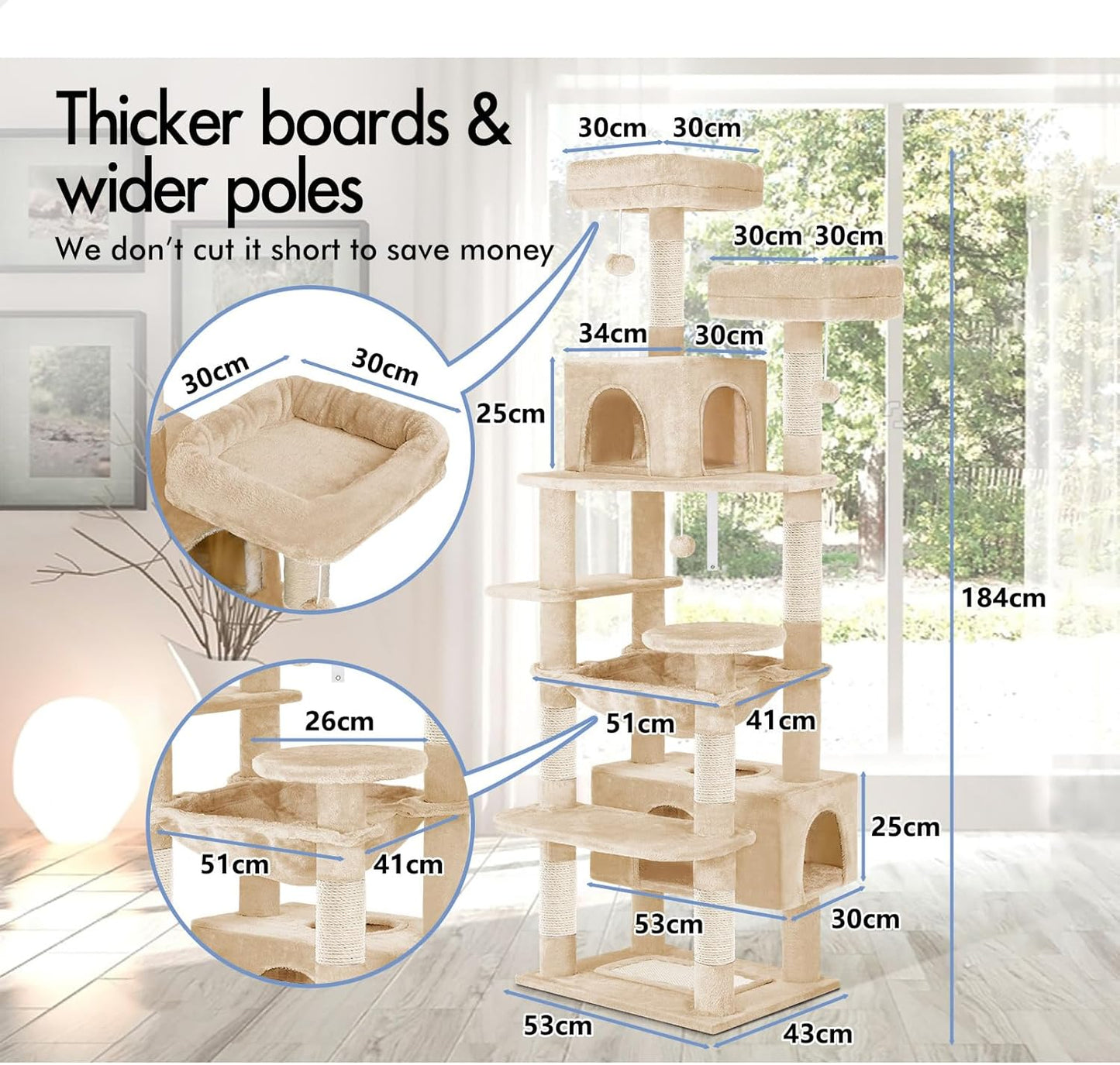 CARLA HOME 180cm Cat Tree Tower for Indoor Cats with Plush Perches, Dual Condos, Natural Sisal Scratching Posts & Ramps for Kittens & Adult Cats (Beige)