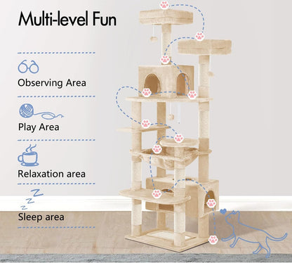 CARLA HOME 180cm Cat Tree Tower for Indoor Cats with Plush Perches, Dual Condos, Natural Sisal Scratching Posts & Ramps for Kittens & Adult Cats (Beige)