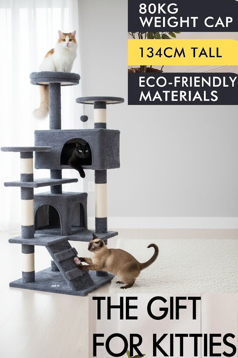 CARLA HOME 180cm Cat Tree Tower for Indoor Cats with Plush Perches, Dual Condos, Natural Sisal Scratching Posts & Ramp for Kittens & Adult Cats (Dark Grey)