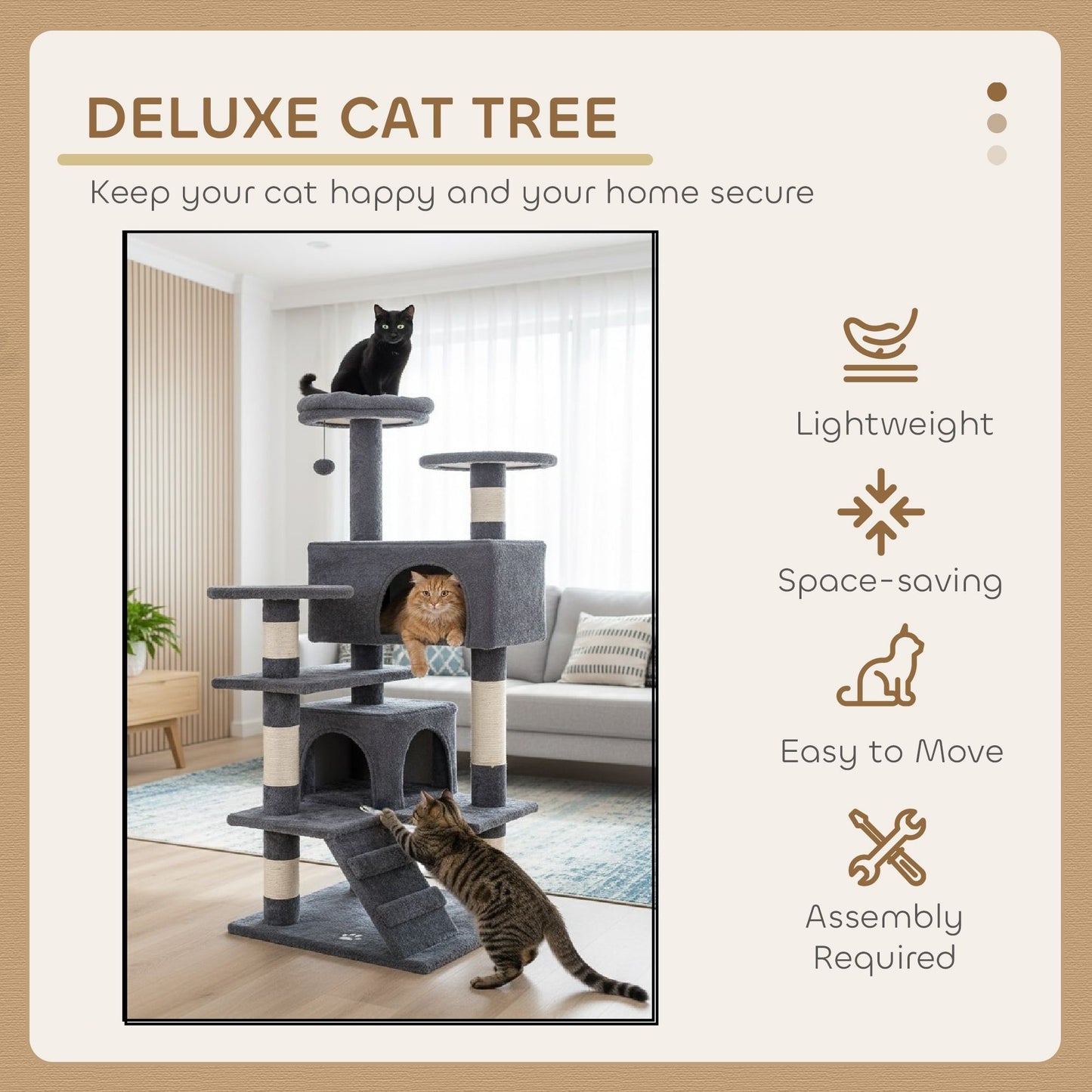 CARLA HOME 180cm Cat Tree Tower for Indoor Cats with Plush Perches, Dual Condos, Natural Sisal Scratching Posts & Ramp for Kittens & Adult Cats (Dark Grey)