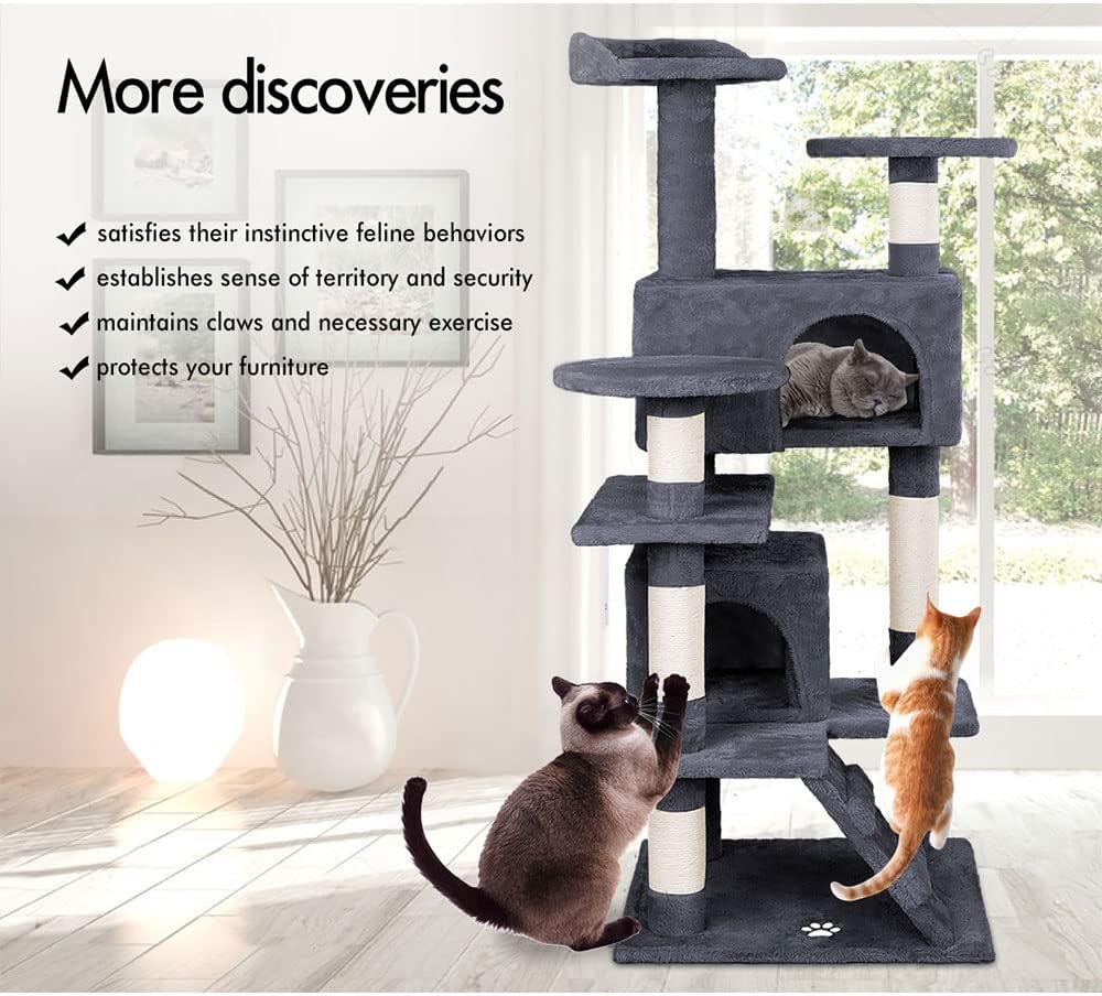 CARLA HOME 180cm Cat Tree Tower for Indoor Cats with Plush Perches, Dual Condos, Natural Sisal Scratching Posts & Ramp for Kittens & Adult Cats (Dark Grey)