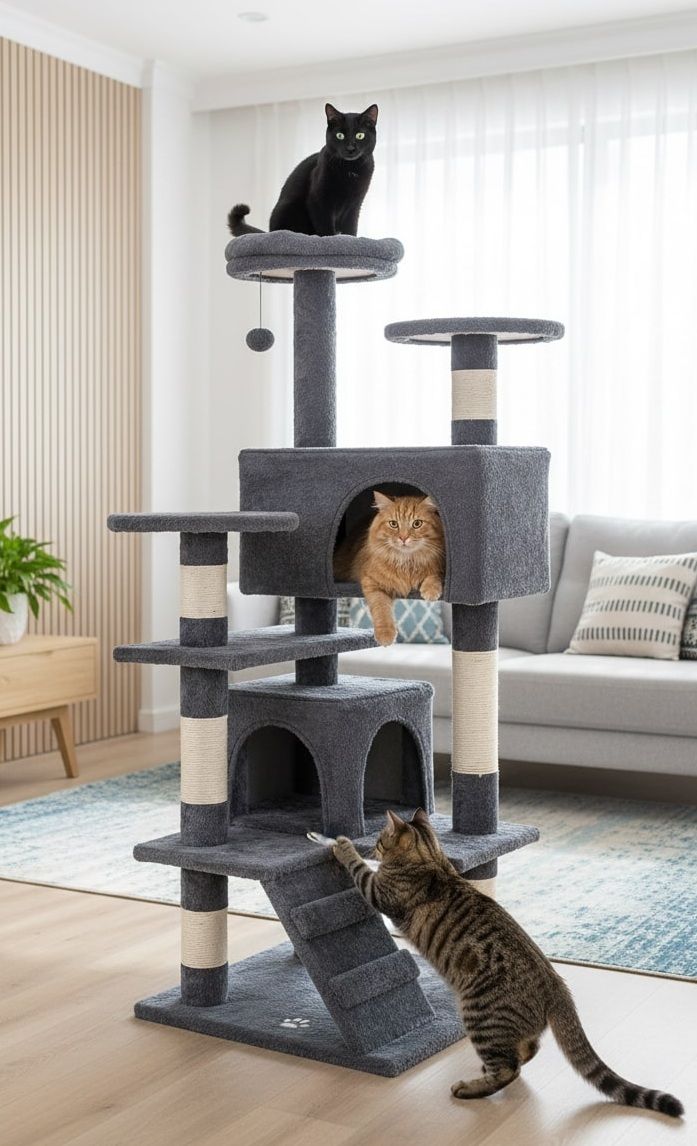 CARLA HOME 180cm Cat Tree Tower for Indoor Cats with Plush Perches, Dual Condos, Natural Sisal Scratching Posts & Ramp for Kittens & Adult Cats (Dark Grey)