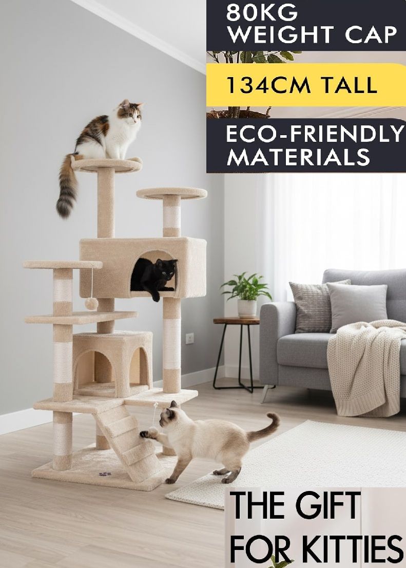 CARLA HOME 180cm Cat Tree Tower for Indoor Cats with Plush Perches, Dual Condos, Natural Sisal Scratching Posts & Ramp for Kittens & Adult Cats (Beige)