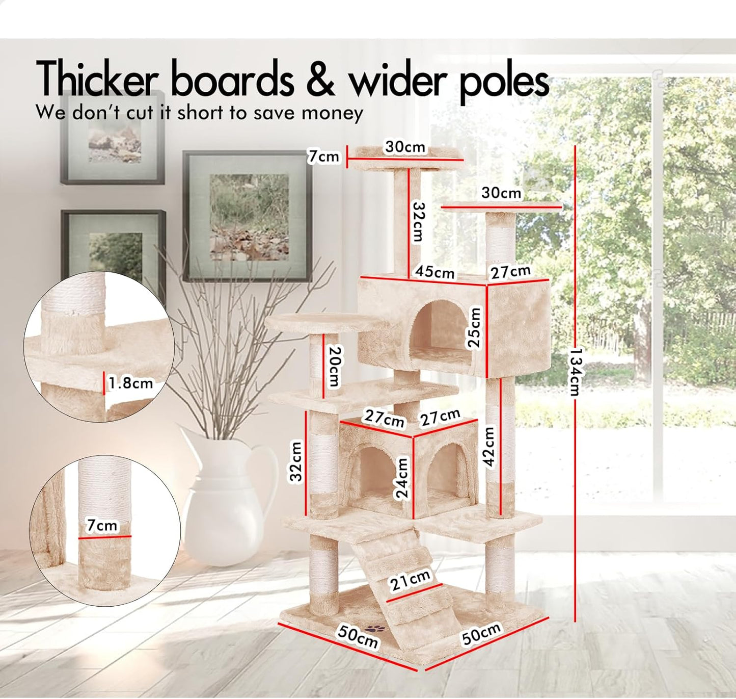 CARLA HOME 180cm Cat Tree Tower for Indoor Cats with Plush Perches, Dual Condos, Natural Sisal Scratching Posts & Ramp for Kittens & Adult Cats (Beige)