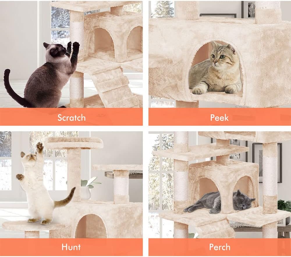 CARLA HOME 180cm Cat Tree Tower for Indoor Cats with Plush Perches, Dual Condos, Natural Sisal Scratching Posts & Ramp for Kittens & Adult Cats (Beige)