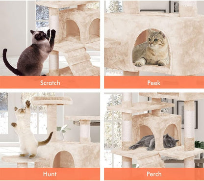 CARLA HOME 180cm Cat Tree Tower for Indoor Cats with Plush Perches, Dual Condos, Natural Sisal Scratching Posts & Ramp for Kittens & Adult Cats (Beige)