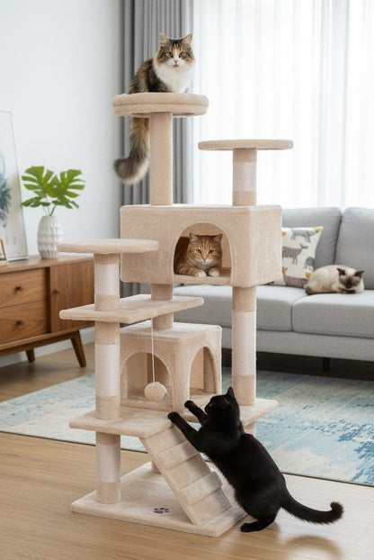CARLA HOME 180cm Cat Tree Tower for Indoor Cats with Plush Perches, Dual Condos, Natural Sisal Scratching Posts & Ramp for Kittens & Adult Cats (Beige)