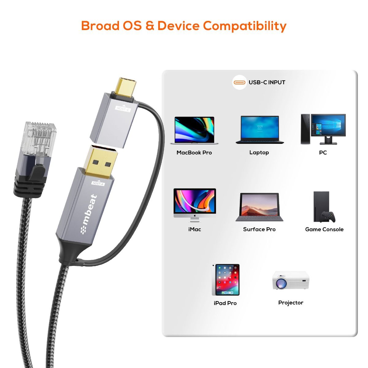 mbeat Tough Link 2m USB & USB-C to RJ45 Ethernet Cable - Space Grey