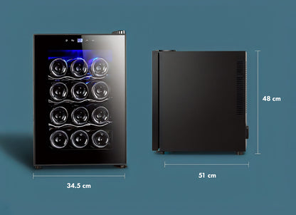 12 Bottle Thermoelectric Wine Fridge, 65W, UV Protected Glass Door, Soft LED Illumination