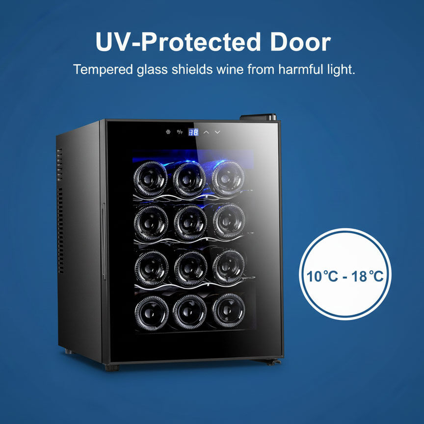 12 Bottle Thermoelectric Wine Fridge, 65W, UV Protected Glass Door, Soft LED Illumination