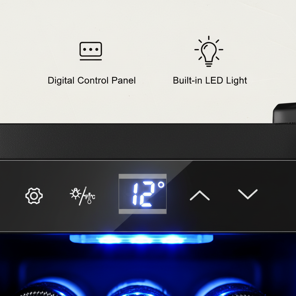 12 Bottle Thermoelectric Wine Fridge, 65W, UV Protected Glass Door, Soft LED Illumination