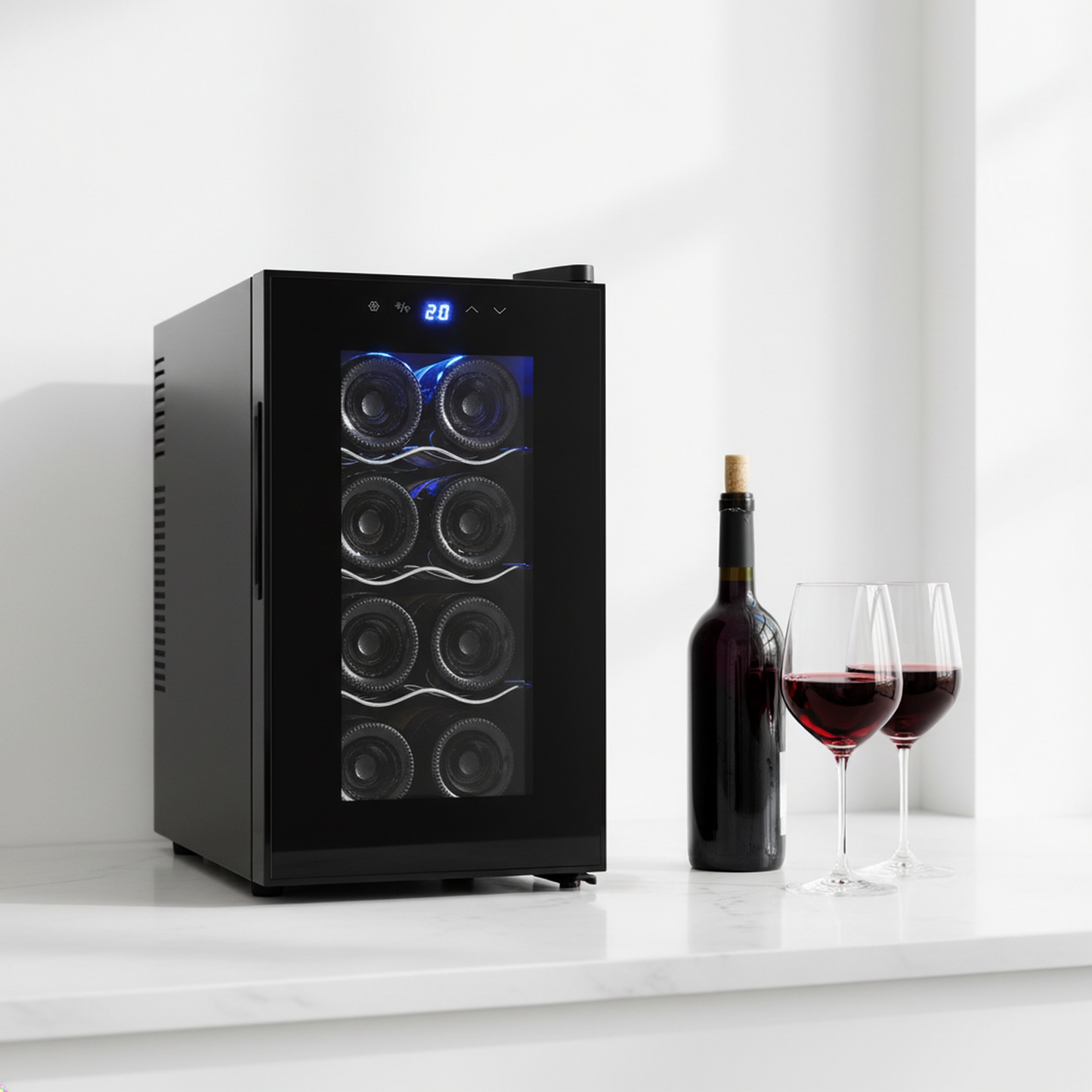 8 Bottle Thermoelectric Wine Fridge, 65W, UV Protected Glass Door, Soft LED Illumination