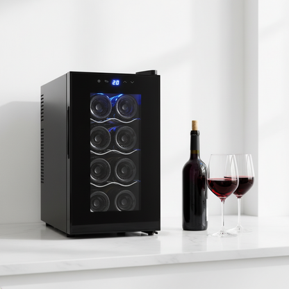 8 Bottle Thermoelectric Wine Fridge, 65W, UV Protected Glass Door, Soft LED Illumination