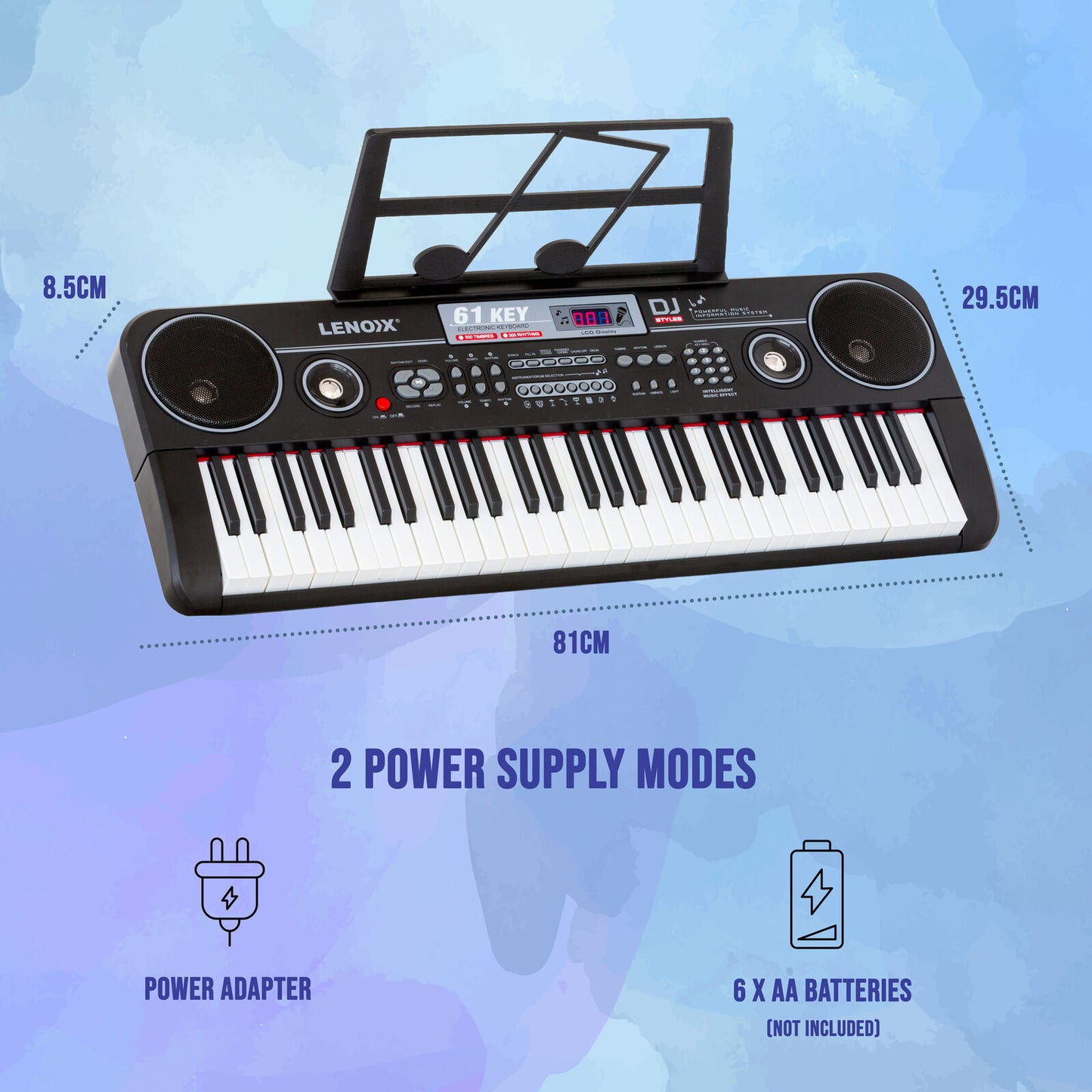 61-Key Electronic Learning Piano Keyboard, Light-Up Keys, LCD Display, with Music Stand Holder