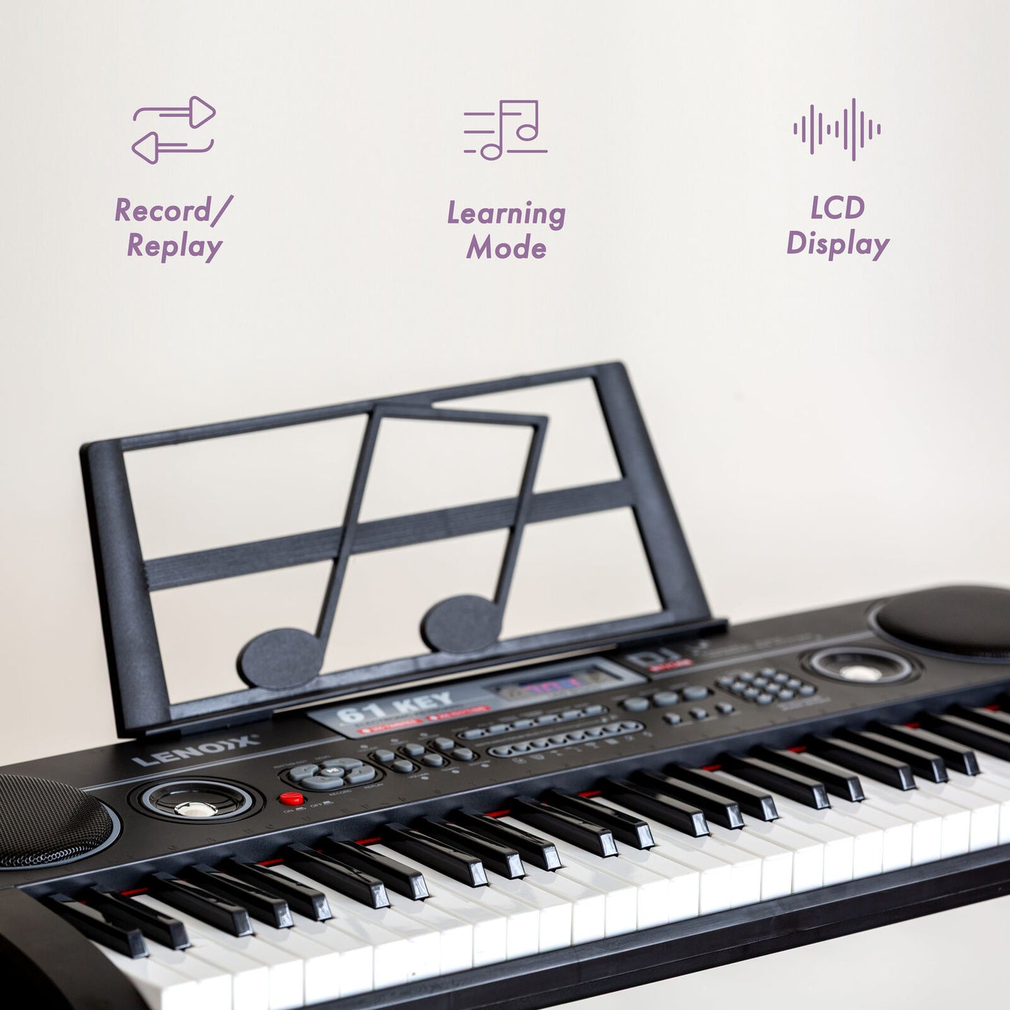 61-Key Electronic Learning Piano Keyboard, Light-Up Keys, LCD Display, with Music Stand Holder