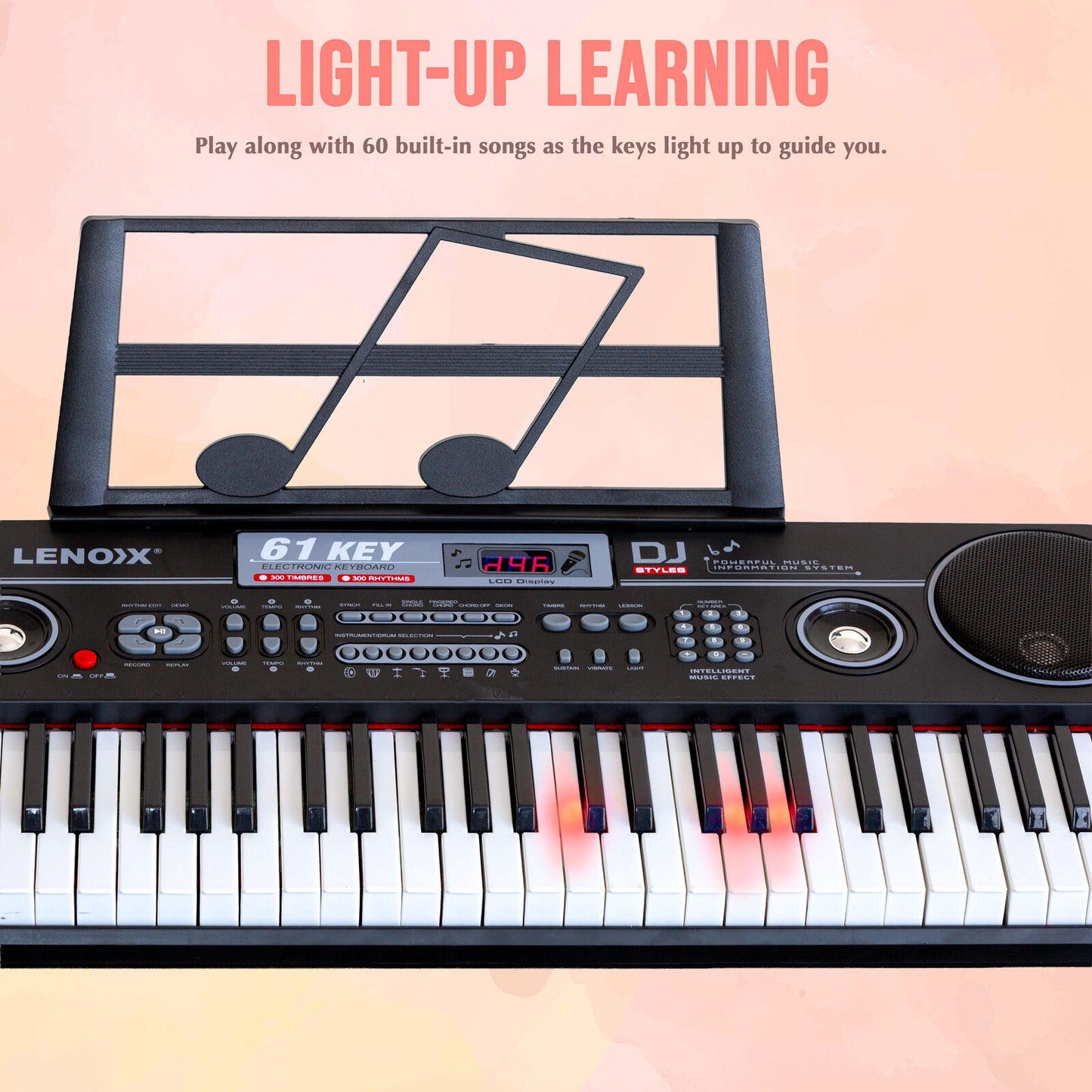 61-Key Electronic Learning Piano Keyboard, Light-Up Keys, LCD Display, with Music Stand Holder