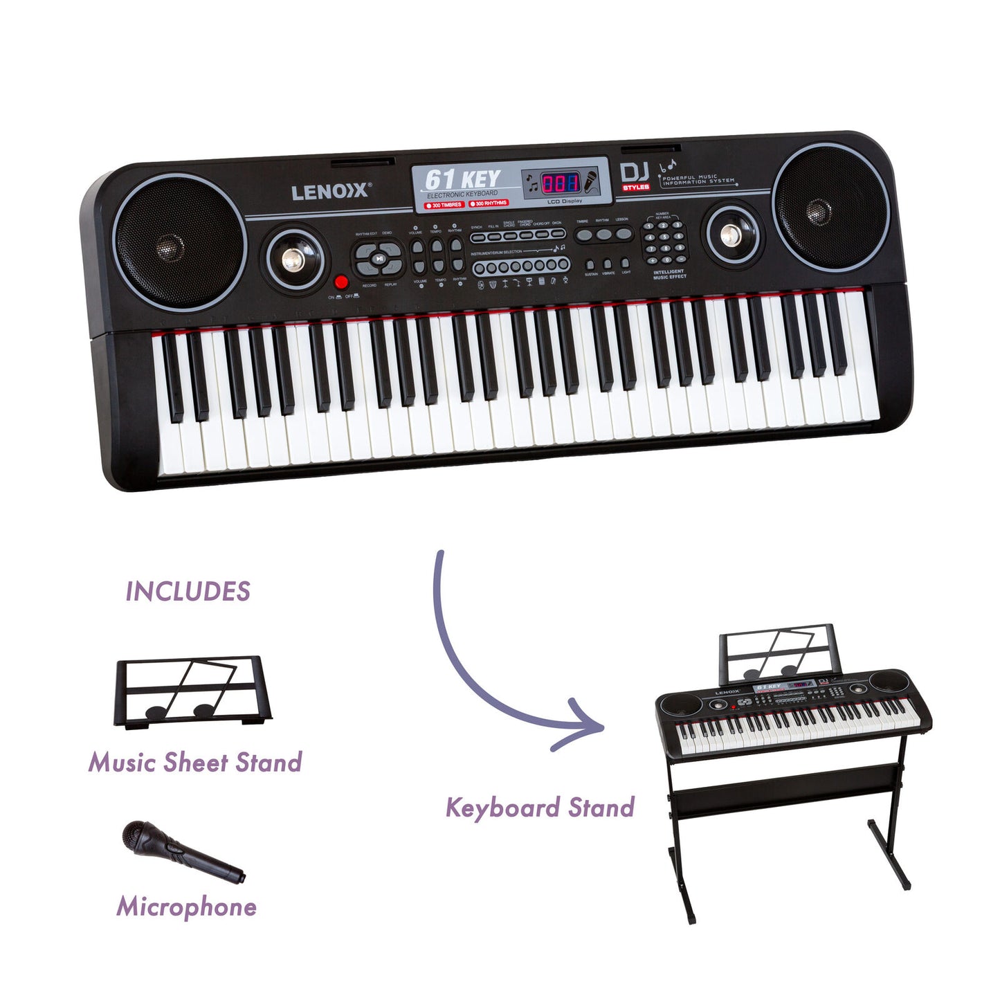 61-Key Electronic Learning Piano Keyboard, Light-Up Keys, LCD Display, with Music Stand Holder
