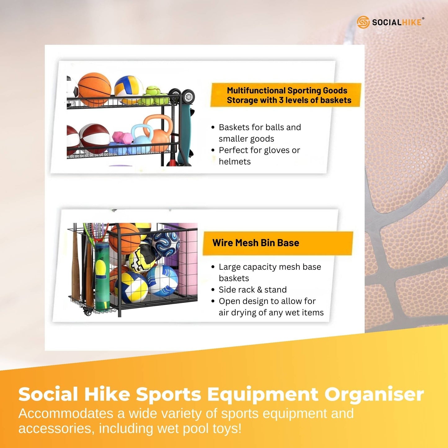 Social Hike Sports Equipment Storage Organiser with Side Rack Garage Trolley