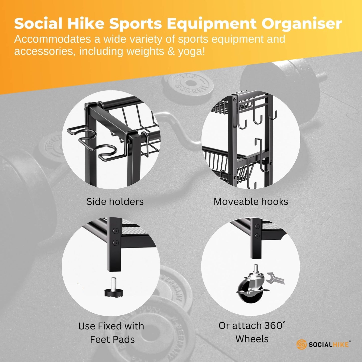 Social Hike Sports Equipment Storage Organiser with Side Rack Garage Trolley