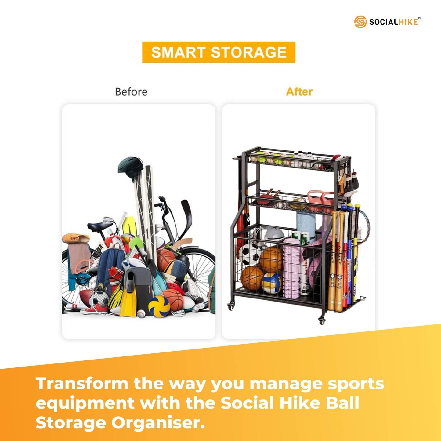 Social Hike Sports Equipment Storage Organiser with Side Rack Garage Trolley
