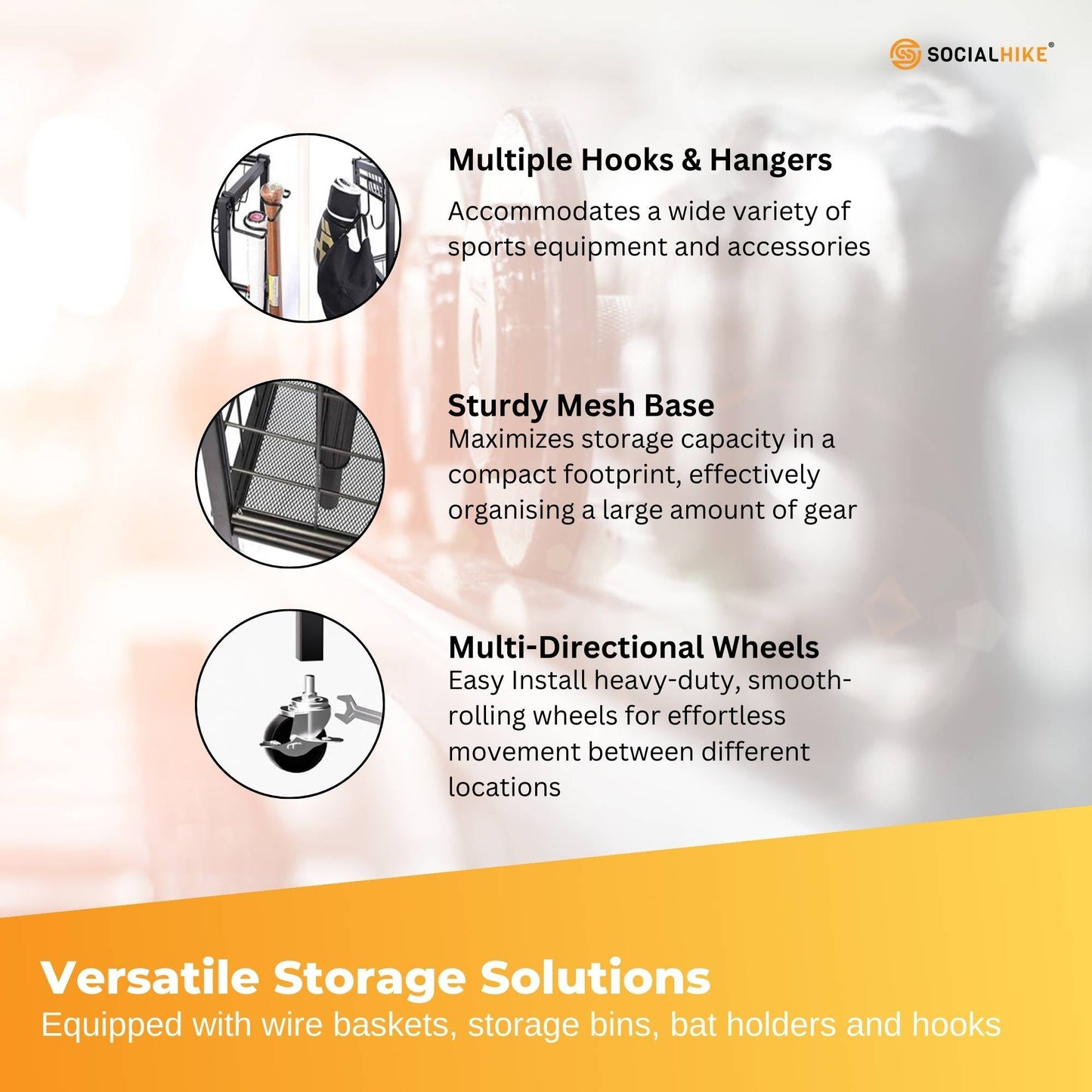 Social Hike Sports Equipment Storage Organiser with Side Rack Garage Trolley