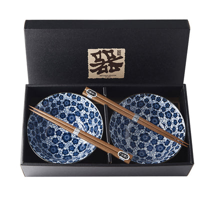 Bowl Set 2pcs with Chopsticks Blue Plum Design