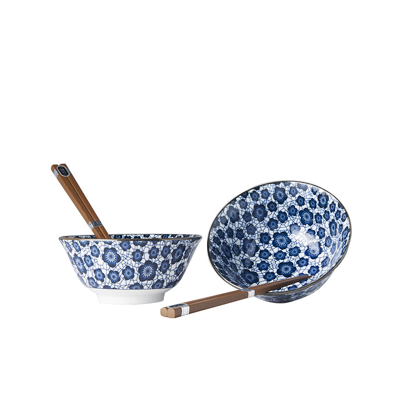 Bowl Set 2pcs with Chopsticks Blue Plum Design
