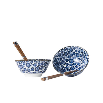 Bowl Set 2pcs with Chopsticks Blue Plum Design