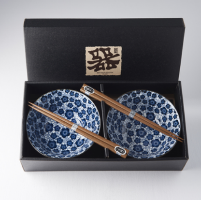 Bowl Set 2pcs with Chopsticks Blue Plum Design