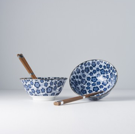 Bowl Set 2pcs with Chopsticks Blue Plum Design