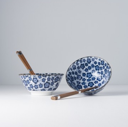 Bowl Set 2pcs with Chopsticks Blue Plum Design