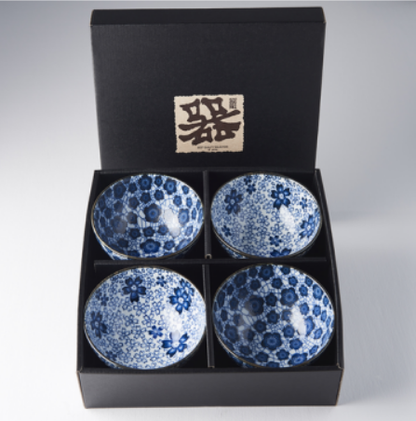Bowl Set 4pcs Blue Plum Cherry Blossom Design