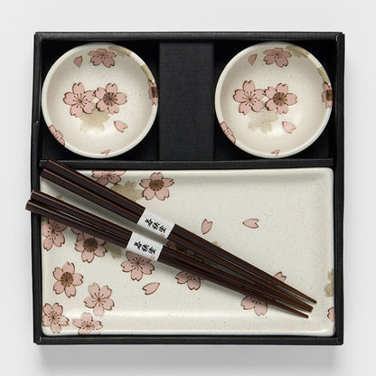 Sushi Set for Two with Chopsticks White With Pink Sakura Design